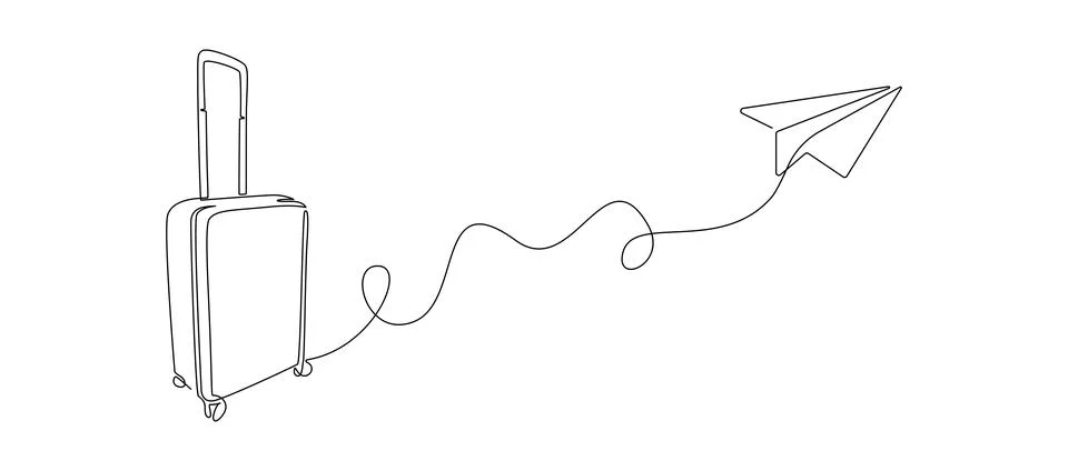 One continuous line drawing of suitcase and paper plane. Vacation with luggage Stock Illustration
