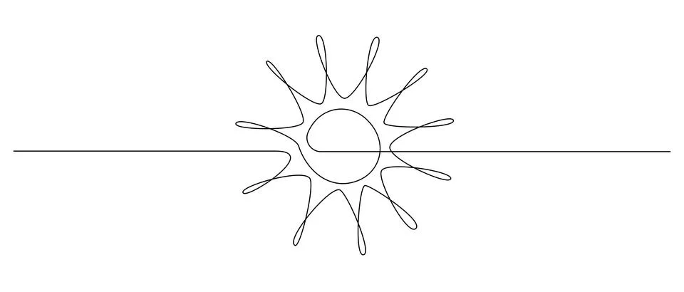 One continuous line drawing of sun and sunrise. Hot temperature and summer Stock Illustration