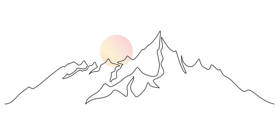 One continuous line drawing of sunset and mountain ridge landscape. High mounts Stock Illustration