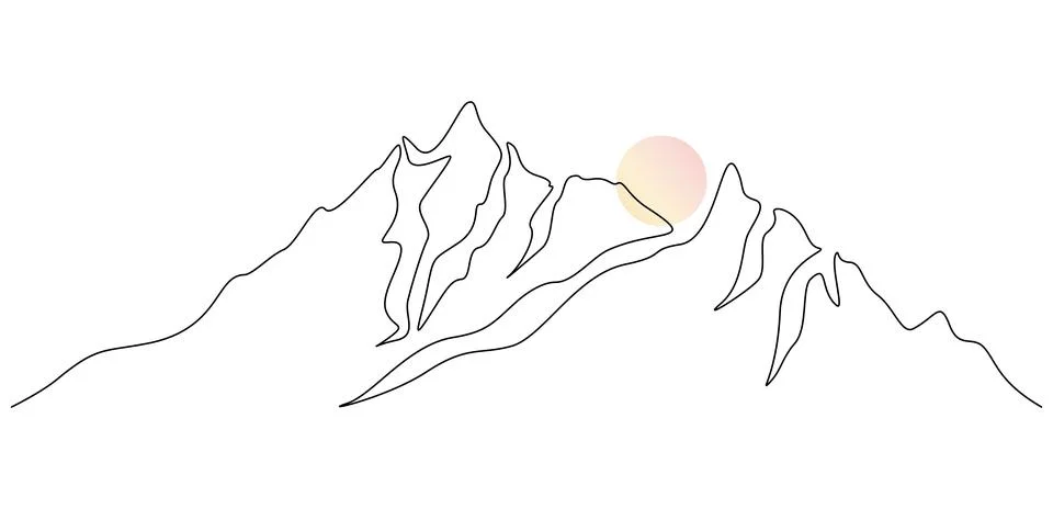 One continuous line drawing of sunset and mountain range landscape. High mounts Stock Illustration