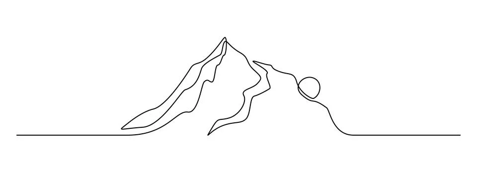 One continuous line drawing of sunset mountain range landscape. Web banner with Stock Illustration