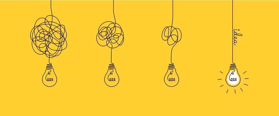 One continuous line drawing of tangled and scribble wires with light bulbs Stock Illustration