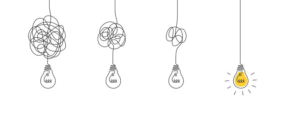 One continuous line drawing of tangled and scribble wires with light bulbs Stock Illustration