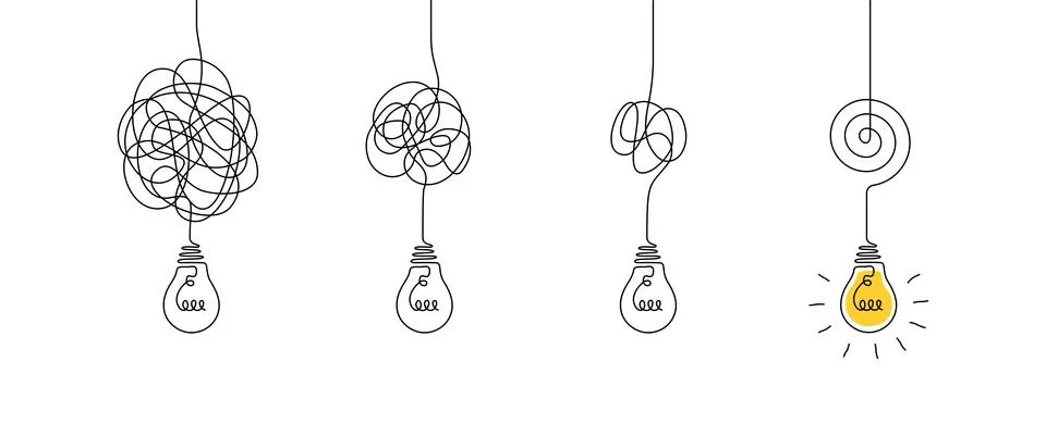 One continuous line drawing of tangled and scribble wires with light bulbs Stock Illustration