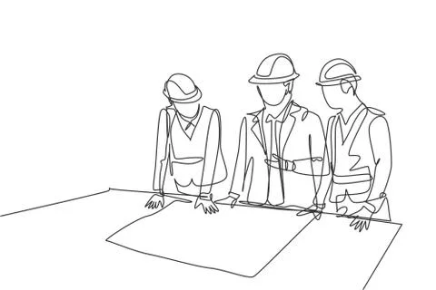 One continuous line drawing team of young architects presenting construction Stock Illustration