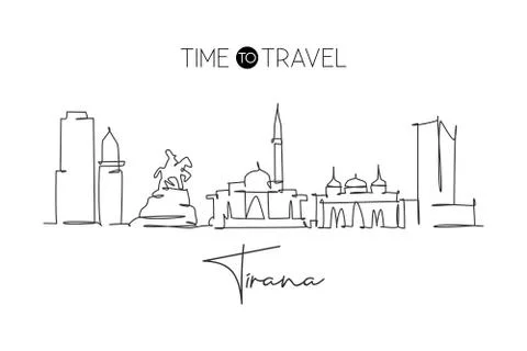 One continuous line drawing of Tirana city skyline, Albania Stock Illustration