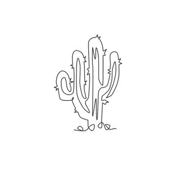 One continuous line drawing of tropical thorny cactus plant. Printable decor Stock Illustration