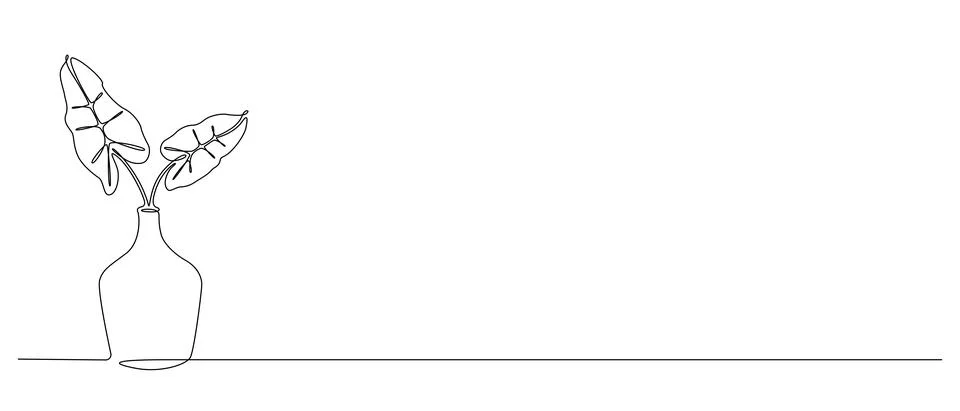 One continuous line drawing of tropical leaves plant in vase. Stylish loft house Stock Illustration