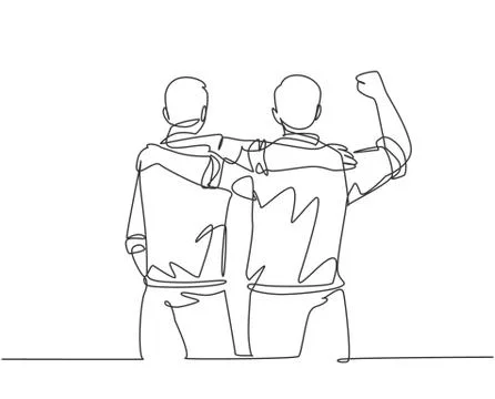 One continuous line drawing of two male workers at the office hugging Stock Illustration