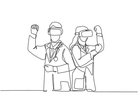 One continuous line drawing of two young male and female doctor playing vr Ilustración de archivo