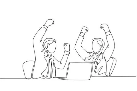 One continuous line drawing of two young businessman raise their hands up Stock Illustration