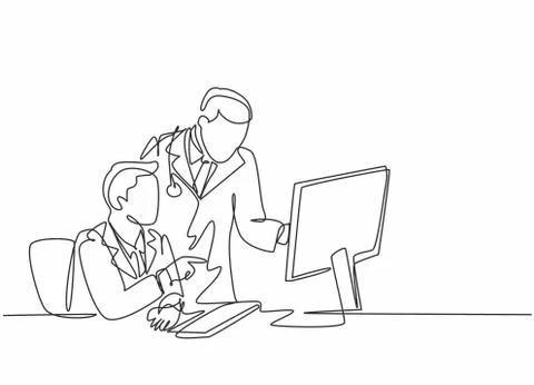 One continuous line drawing of two young male doctors discussing Stock Illustration