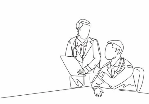 One continuous line drawing two young doctor discuss and diagnosing patient Stock Illustration