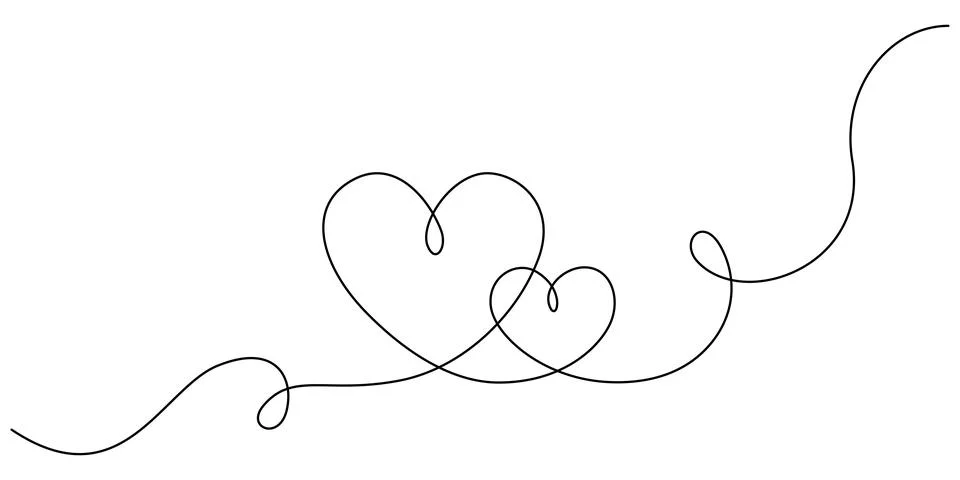 One Continuous line drawing of two hearts with love signs. Thin curls and Stock Illustration