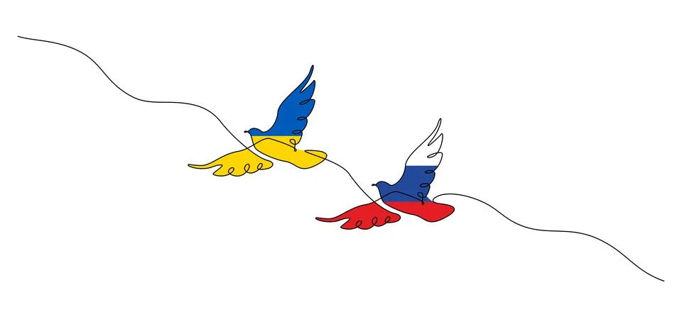 One continuous line drawing of two dove for support Ukraine. Flying birds symbol Stock Illustration