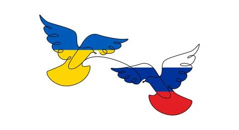 One continuous line drawing of two dove for support Ukraine. Flying birds symbol Stock Illustration