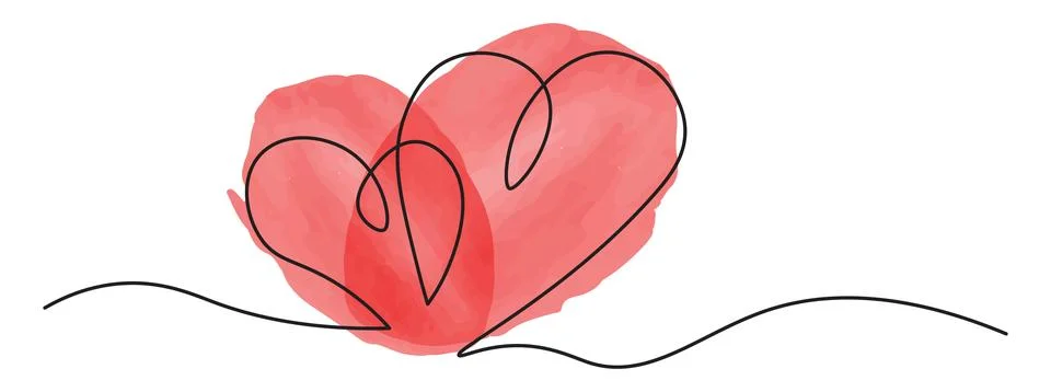 One Continuous line drawing of two hearts  with red watercolor spots. Roman.. Stock-Illustration
