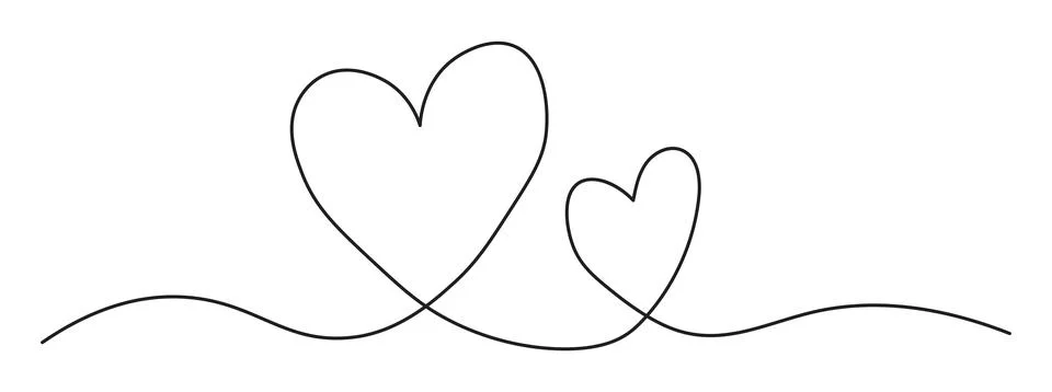 One Continuous line drawing of two hearts. Romantic symbols in simple linea.. Stock Illustration