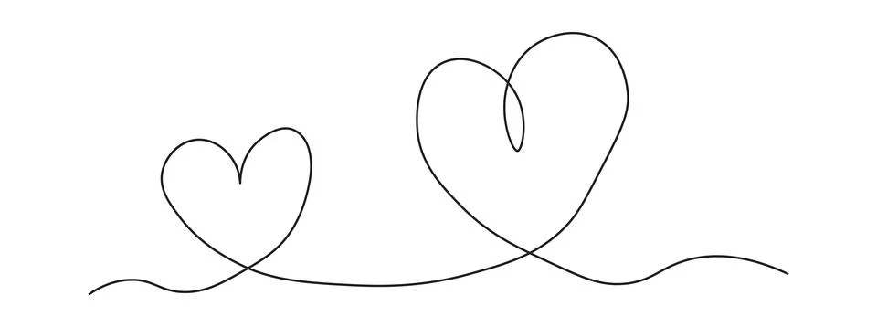 One Continuous line drawing of two hearts. Romantic symbols in simple linea.. Stock Illustration