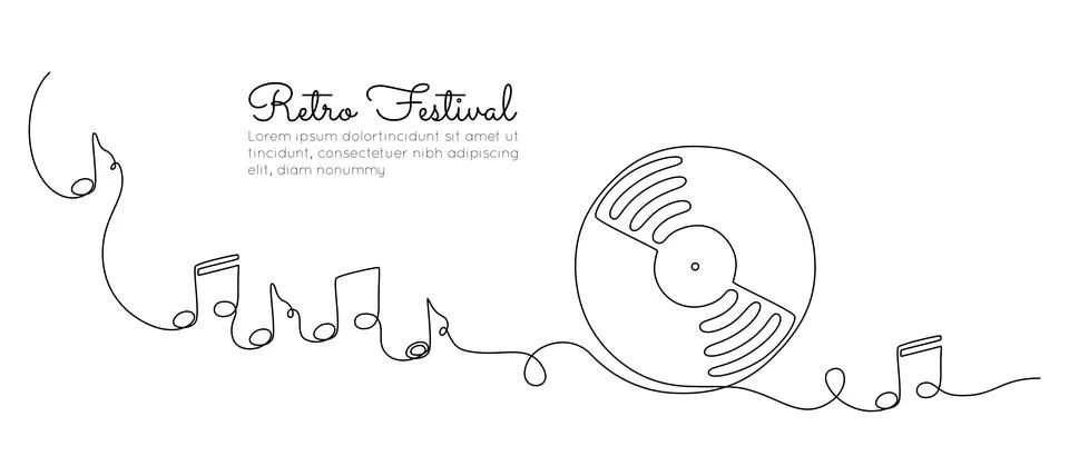 One continuous line drawing of Vinyl LP record with notes. Vintage black disk Stock Illustration