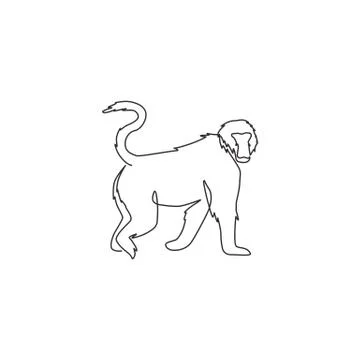 One continuous line drawing of walking baboon for conservation jungle logo Stock-Illustration