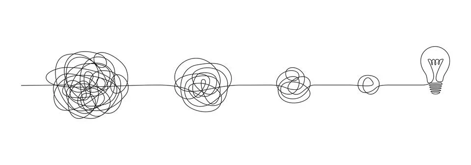 One continuous line drawing of way from chaotic to simplicity and lightbulb 스톡 일러스트