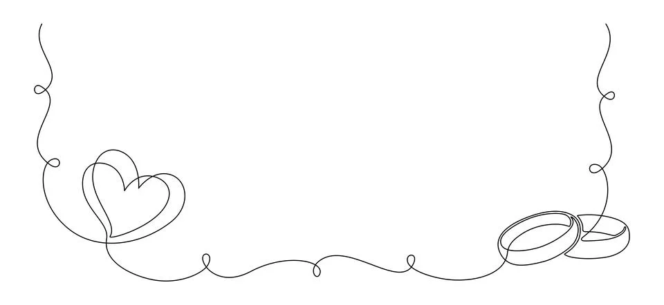 One continuous line drawing of Wedding rings and hearts. Romantic invitation Stock Illustration