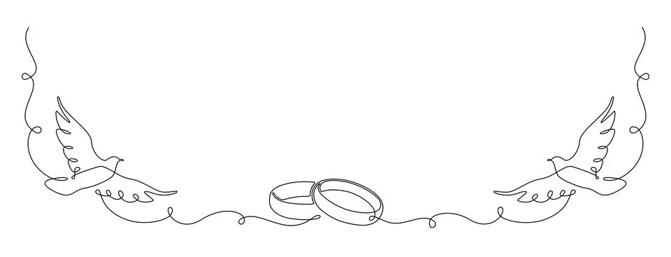 One continuous line drawing of Wedding rings and white dove. Romantic invitation Stock Illustration