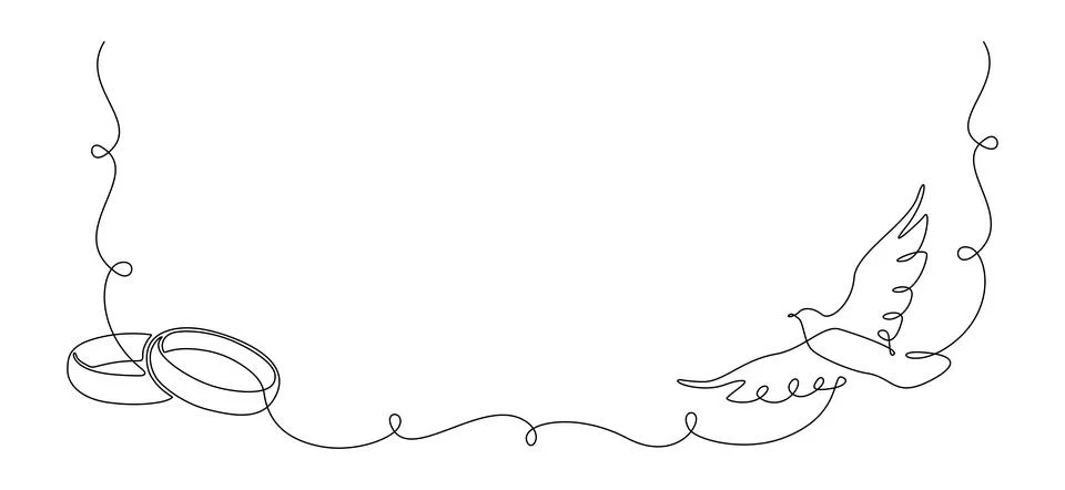 One continuous line drawing of Wedding rings and white dove. Romantic invitation Stock Illustration