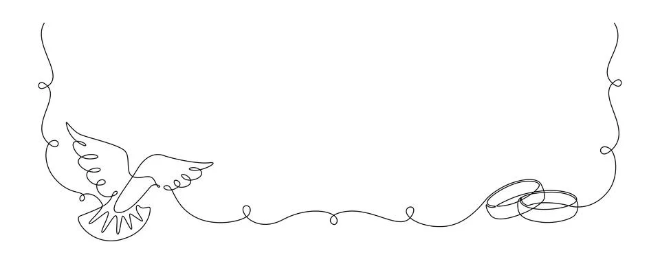 One continuous line drawing of Wedding rings and white dove. Romantic invitation Stock Illustration