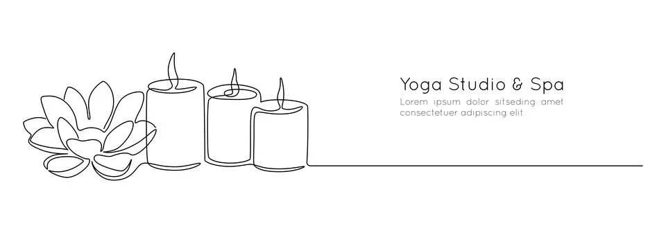 One continuous line drawing of wellness and spa treatment. Candle and lotus Stock Illustration