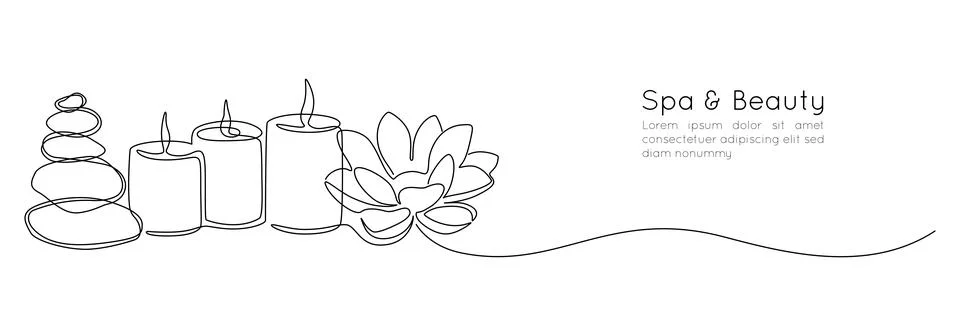 One continuous line drawing of wellness and spa treatment. Candle stones and Stock Illustration