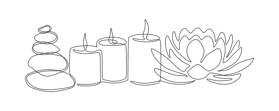 One continuous line drawing of wellness and spa treatment. Candle stones and Stock Illustration