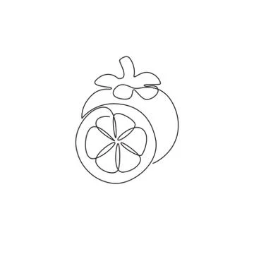 One continuous line drawing of whole and half cut healthy organic mangosteen Illustrazione stock
