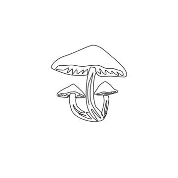 One continuous line drawing of whole healthy organic mushrooms for farm logo 스톡 일러스트