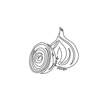 One continuous line drawing of whole sliced healthy organic onion for herbal Illustrazione stock