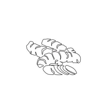 One continuous line drawing of whole healthy organic turmeric for farm logo Illustrazione stock