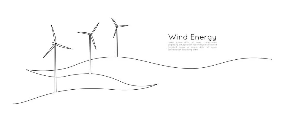 One continuous line drawing of Wind turbines and windmill among hilly landscape Stock Illustration