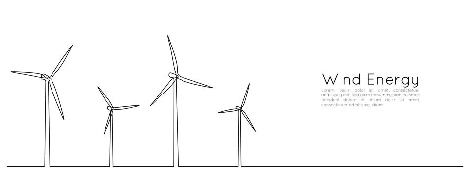 One continuous line drawing of Wind farm turbines and windmill. Green energy and Stock Illustration