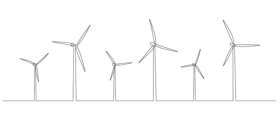 One continuous line drawing of Wind farm turbines and windmill. Green energy and Stock Illustration