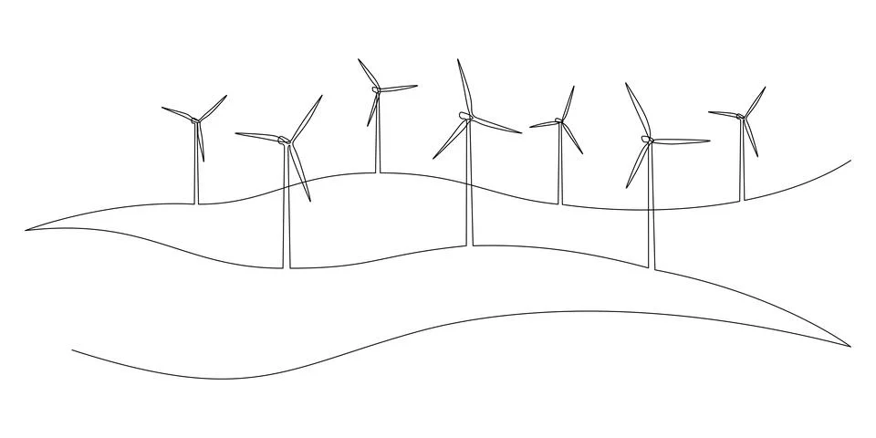One continuous line drawing of Wind farm turbines and windmill among hilly Stock Illustration
