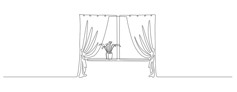 One continuous line drawing of window with curtains and potted plant. Concept of Stock Illustration