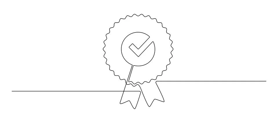 One continuous line drawing of winner award badge with tick. High quality Stock Illustration