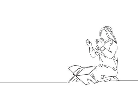 One continuous line drawing of young muslim person raise and open hands pray Illustrazione stock