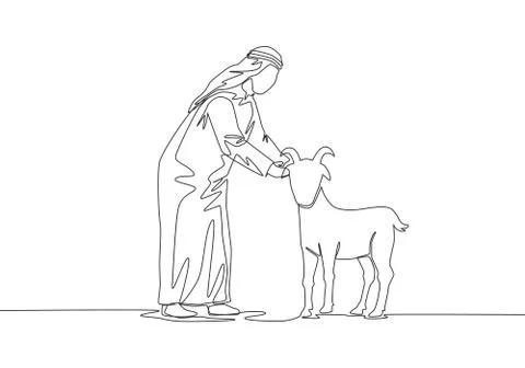 One continuous line drawing of young happy muslim holding a goat Stock Illustration