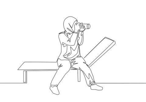 One continuous line drawing of young pretty happy muslimah with veil Illustrazione stock