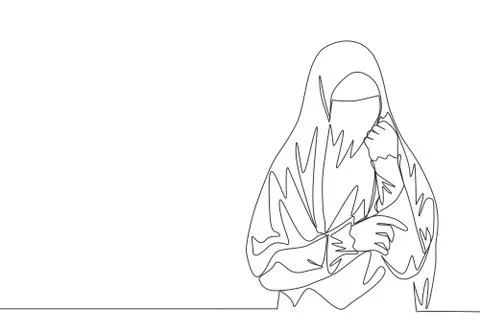One continuous line drawing of young beauty Asian muslimah wearing burqa Stock Illustration