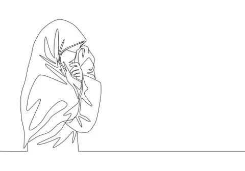 One continuous line drawing of young happy saudi arabian muslimah Stock Illustration