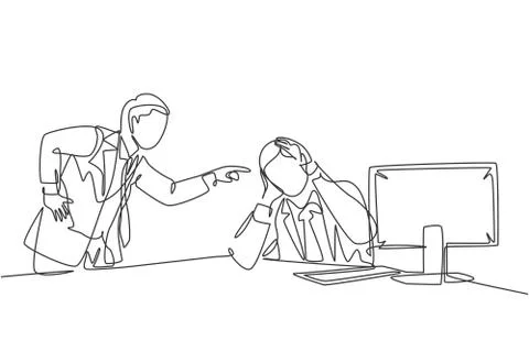 One continuous line drawing of young furious manager blaming his lazy staff Stock Illustration