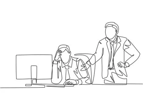 One continuous line drawing of young angry manager asking his depressed staff Stock Illustration